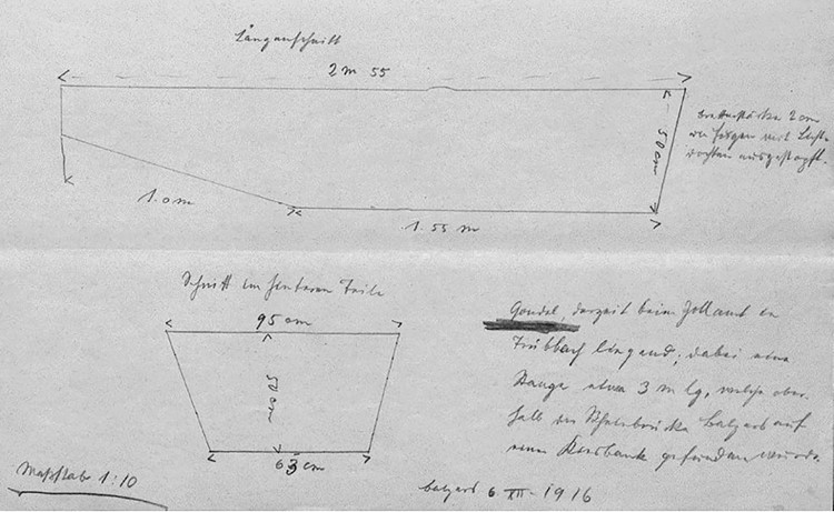 Skizze für den Bau eines Schmugglerboots vom 6. Dezember 1916.