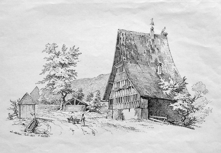 Die Darstellung von Traugott Schiess belegt einen Storchenhorst auf dem Hochhus in Grabs im Juli 1851.