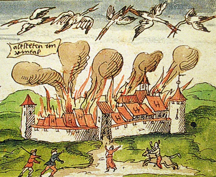 Brand von Altstätten 1567 in einer zeitgenössischen Darstellung. Zentralbibliothek Zürich, Wickiana, Ms. F17, fol. 269
