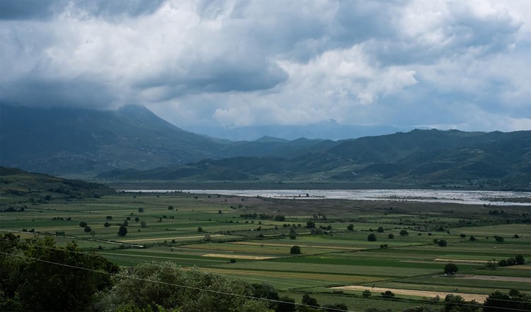 Die Vjosa von Kuta aus gesehen. Die Felder würden nach dem Dammbau überschwemmt.  Foto Andreas Reich