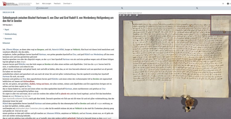 Der digitale Eintrag zum Schiedsspruch von 1397 um den Hof Sevelen enthält auch ein Faksimile der Originalurkunde.
