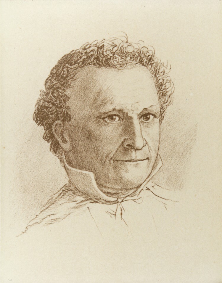 Mathias Saxer-Hagmann (1819–1893) vom dem der Täsche benachbarten Berggut Zwei war Taufpate mehrerer Kinder des Auswandererpaares Vetsch-Berger. Lithographierte Zeichnung seines Neffen Stephan Hagmann um 1860.