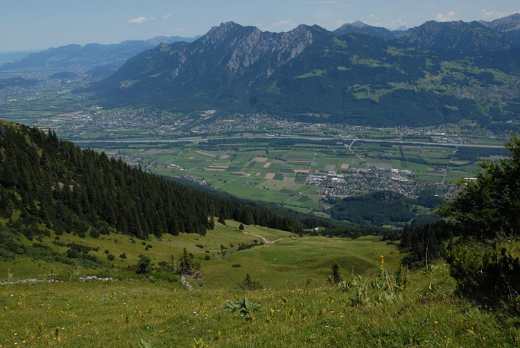 Abb. 6. Blick vom Implategggrat auf die Alpen Implategg und Oberplätsch. Unten rechts das Dorf Sevelen, gegenüber Vaduz. Foto Hans Jakob Reich